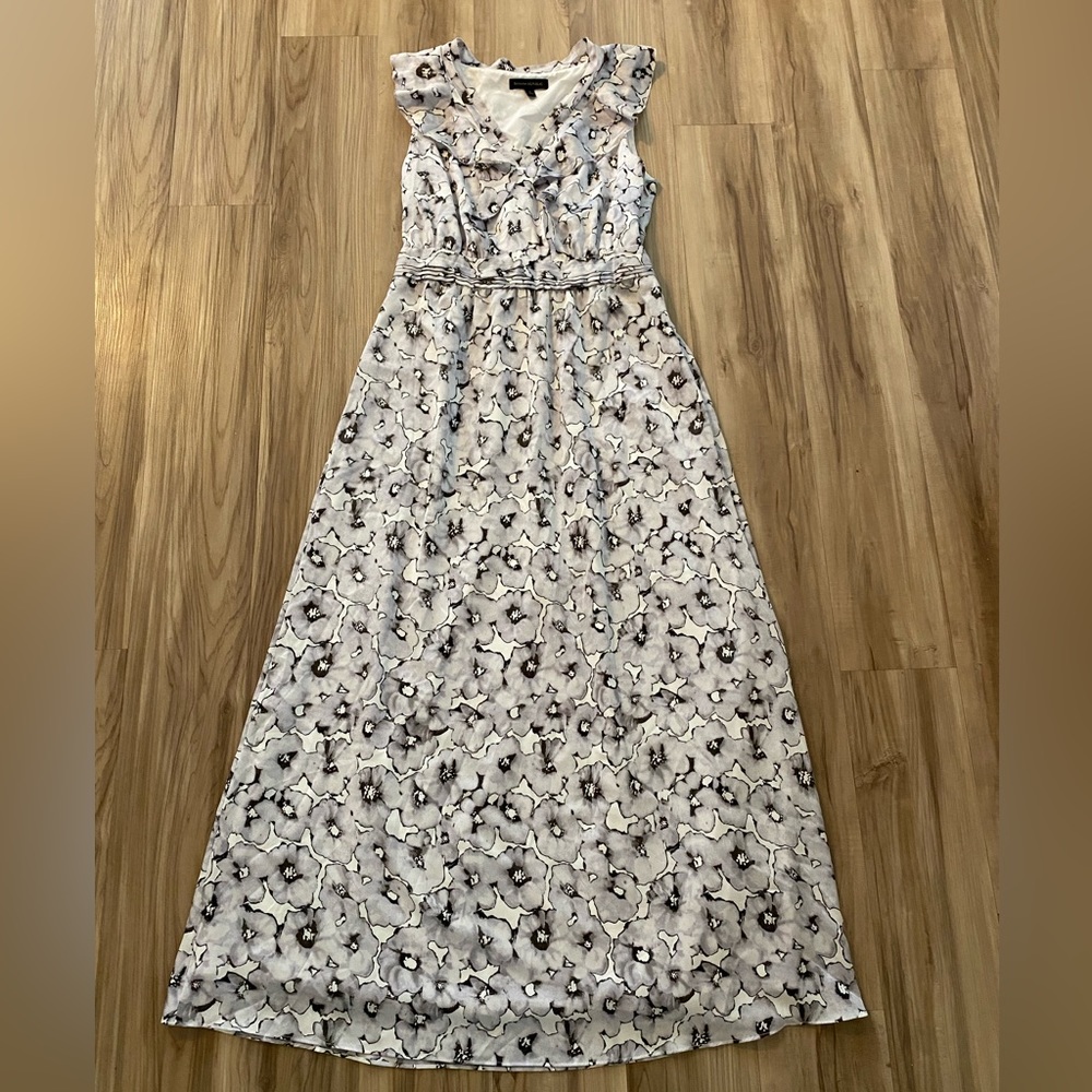 Banana Republic A Line Maxi Dress Floral Gray Flowers Ruffle Size 6